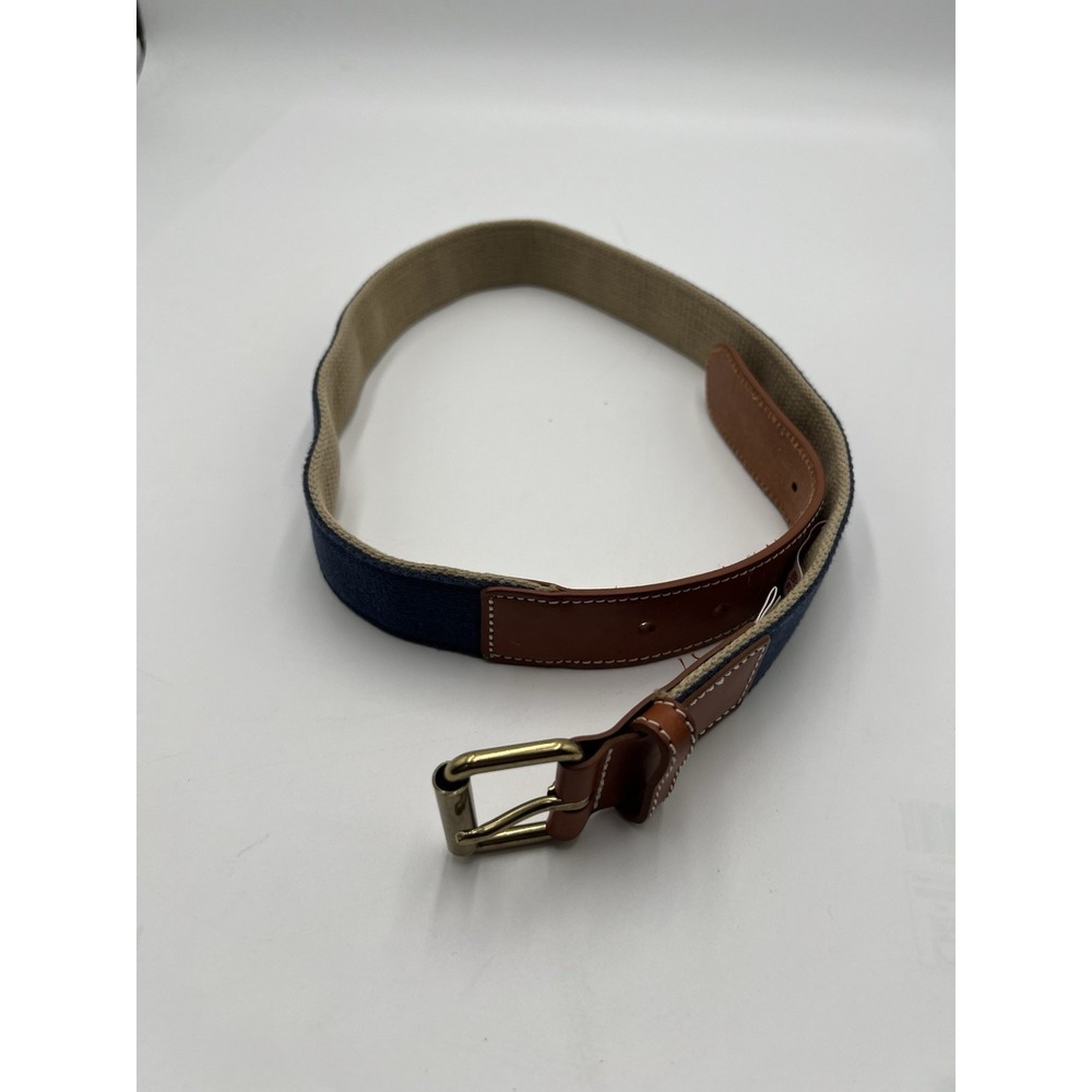 Brooks Brothers Red Fleece Belt 34 Canvas Leather Brass Buckle Blue Tan